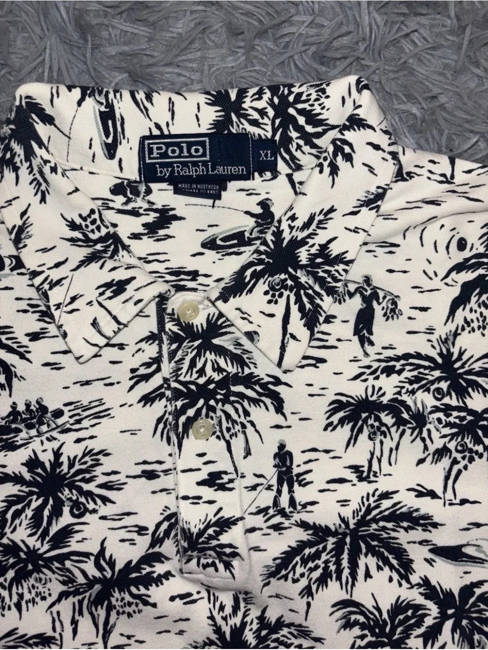 Vintage Polo Ralph Lauren Men Hawaiian Camp Shirt XL Navy Blue Cotton Resortwear